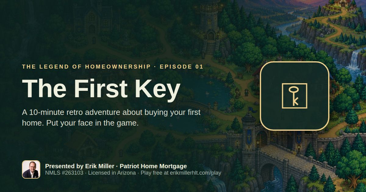 The First Key: a pixel-art town with a castle bridge, presented by Erik Miller